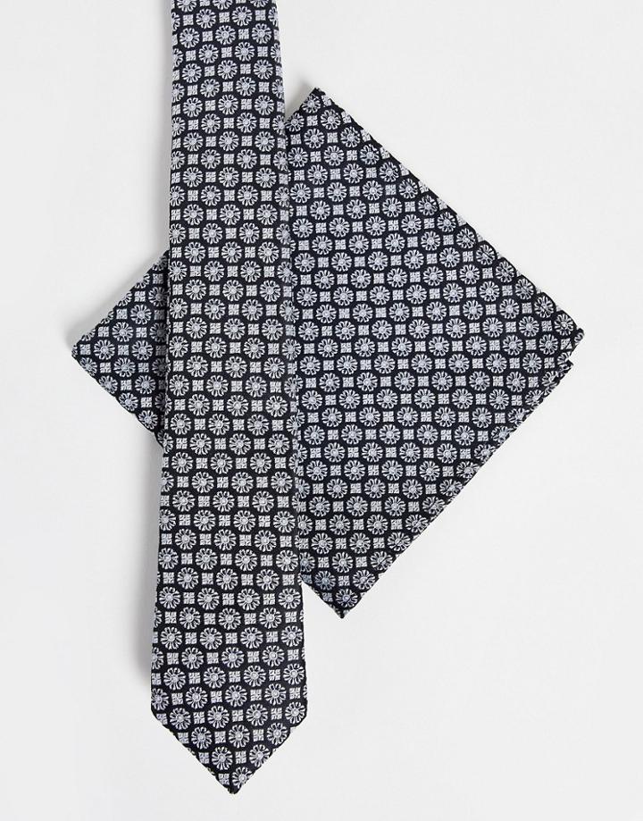 Asos Design Slim Tie And Pocket Square In Black And White Geo Design