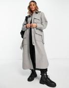 Topshop Longline Belted Utility Coat In Gray
