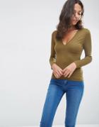 Asos Plunge Neck Top With Long Sleeves - Khaki