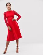 Asos Premium Midi Scuba Skater Dress With Lace Sleeves-red