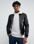 Pull & Bear Faux Leather Aviator Jacket With Fur Collar In Black - Black