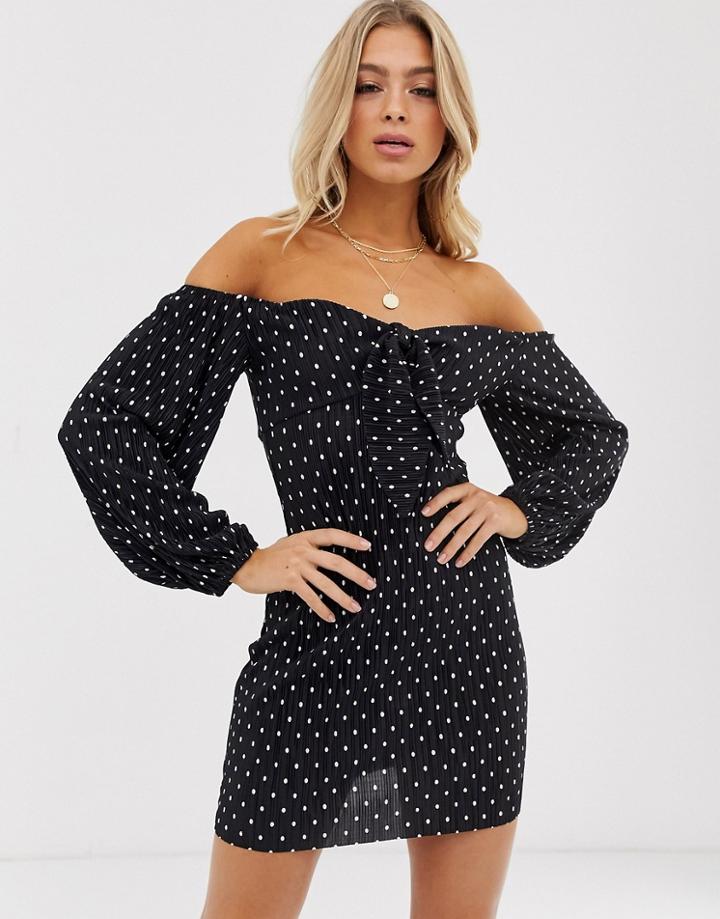 Asos Design Mini Polka Dot Plisse Dress With Knot Front - Multi