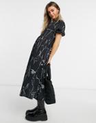 Asos Design Tiered Midi Smock Dress With Graphic Face Outline Print In Black