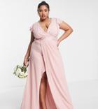 Tfnc Plus Bridesmaid Ariana Flutter Sleeve V Neck Dress In Dusty Pink-orange