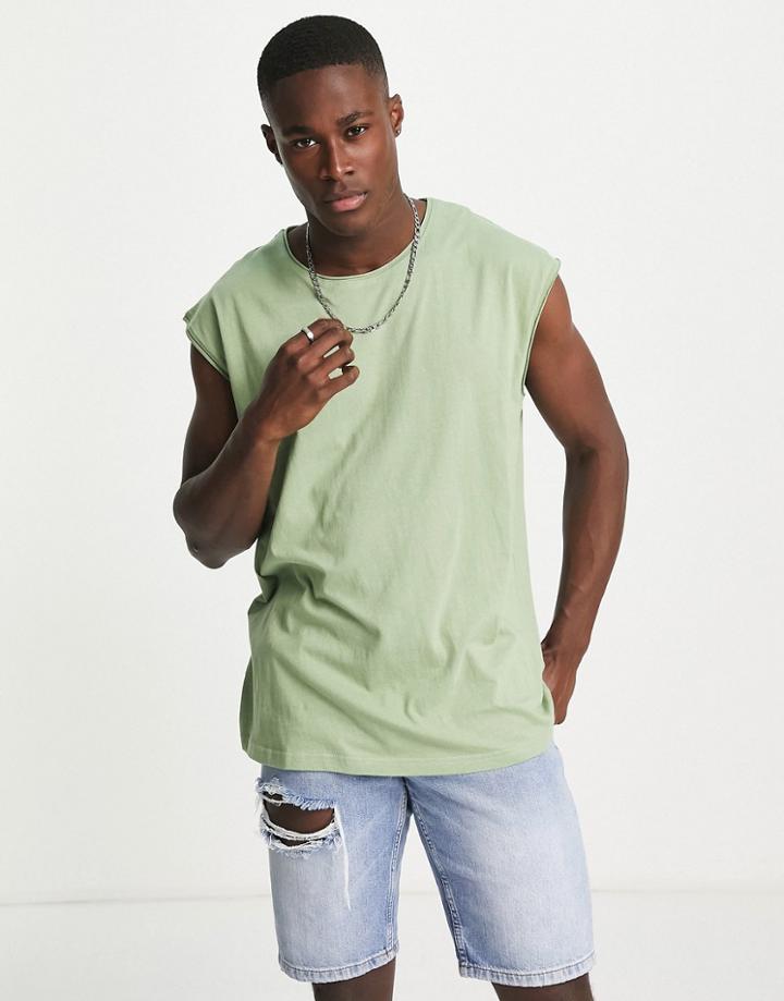 Brave Soul Raw Edge Sleeveless T-shirt Tank In Green