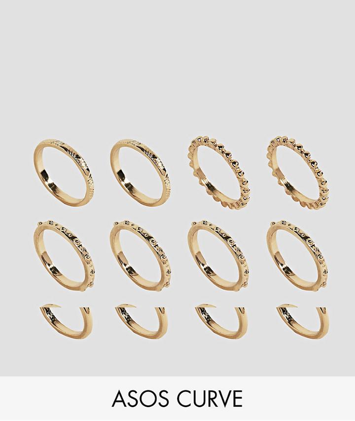 Asos Curve Pack Of 12 Ball Detail And Engraved Rings - Gold