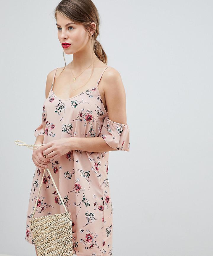 Vila Floral Cold Shoulder Mini Dress In Pink-multi
