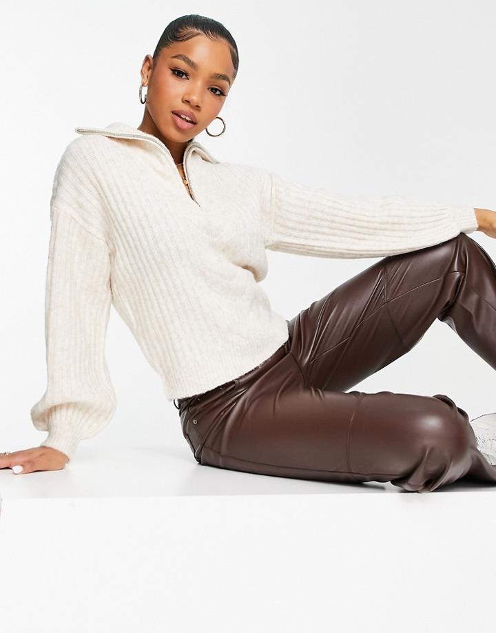 New Look Cable Knit Half Zip Sweater In Oatmeal-neutral