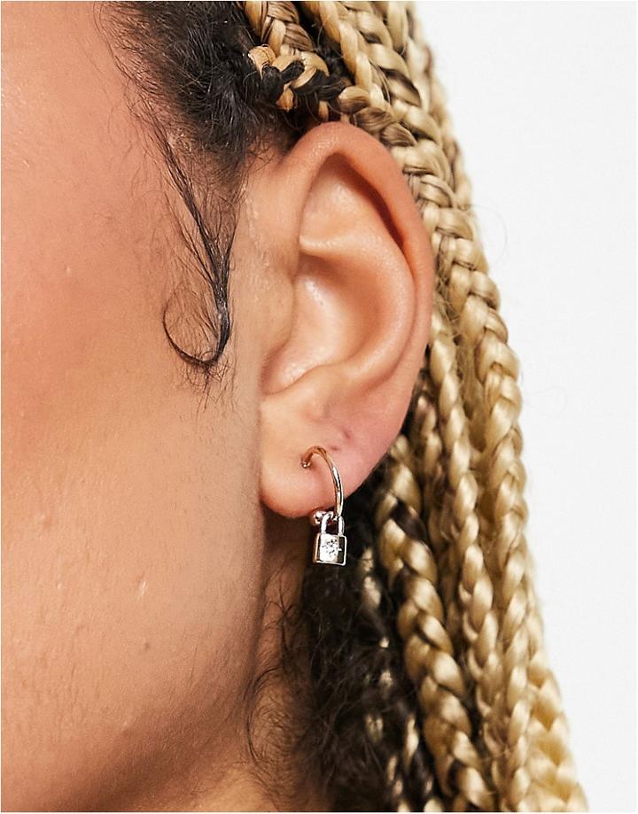 Topshop Fine Gem Padlock Charm Drop Hoop Earrings In Gold