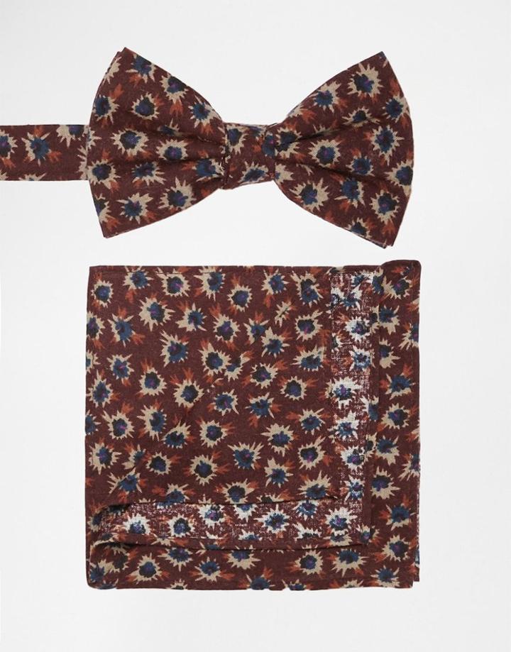 Asos Bow Tie And Pocket Square Set In Floral Brown - Brown