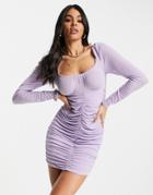 Asos Design Long Sleeve Sparkly Ruched Mini Dress In Lilac-purple