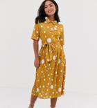 Asos Design Petite Midi Shirt Dress With Pleated Skirt And Belt In Polka Dot