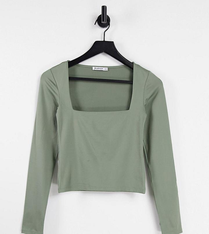 Stradivarius Square Neck Long Sleeve Jersey Top In Khaki-green