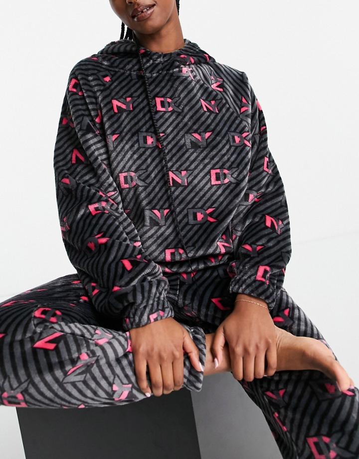 Dkny Cozy Sherpa Hoodie And Sweatpants Set In All Over Black + Pink Logo Print