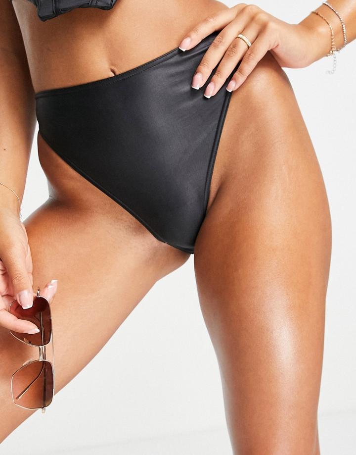 Asos Luxe Satin High Waist Bikini Bottom In Black
