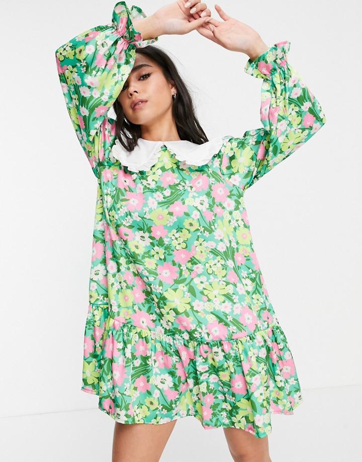 Twisted Wunder Mini Smock Dress With Bib Collar In Green Base Painted Floral-multi