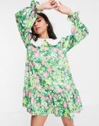 Twisted Wunder Mini Smock Dress With Bib Collar In Green Base Painted Floral-multi