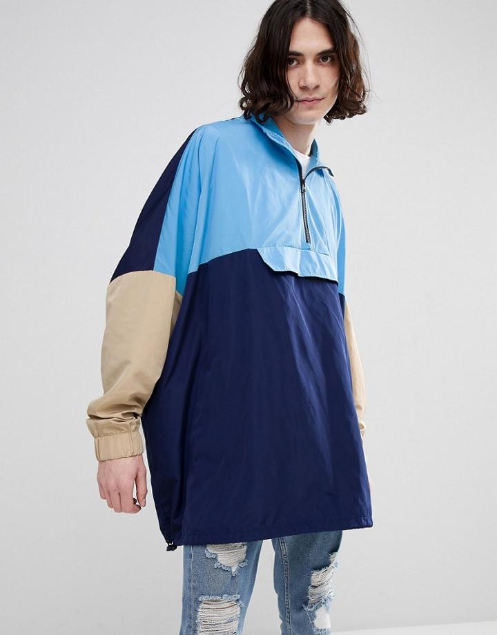 Asos Design Oversized Windbreaker In Color Block Blue - Blue