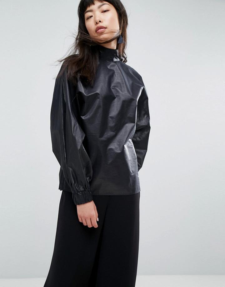 Asos White Metallic Funnel Neck Blouse With Ruched Back - Black