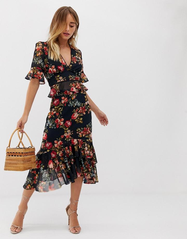 Hope & Ivy Plunge Front Contrast Print Ruffle Midi Skirt In Navy Floral - Multi