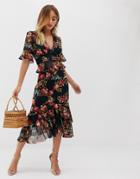 Hope & Ivy Plunge Front Contrast Print Ruffle Midi Skirt In Navy Floral - Multi