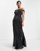 Goddiva Embroidered Bardot Maxi Dress In Black