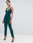Asos Design Cami Jumpsuit With Peg Leg And Cut Out In Scatter Embellishment-black