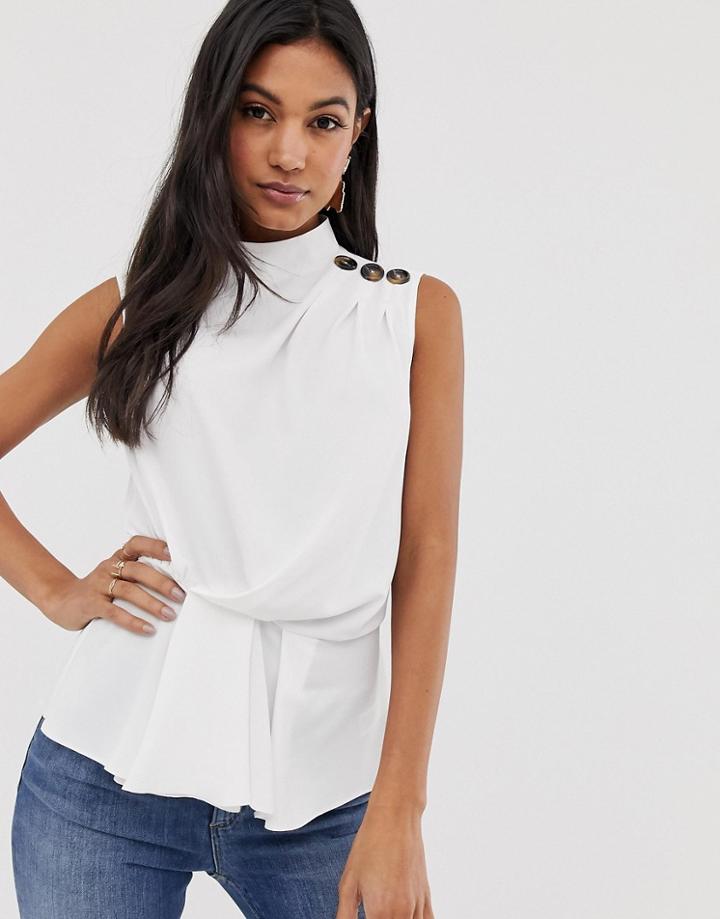 Asos Design Sleeveless Drape Front Top With Button Detail-white