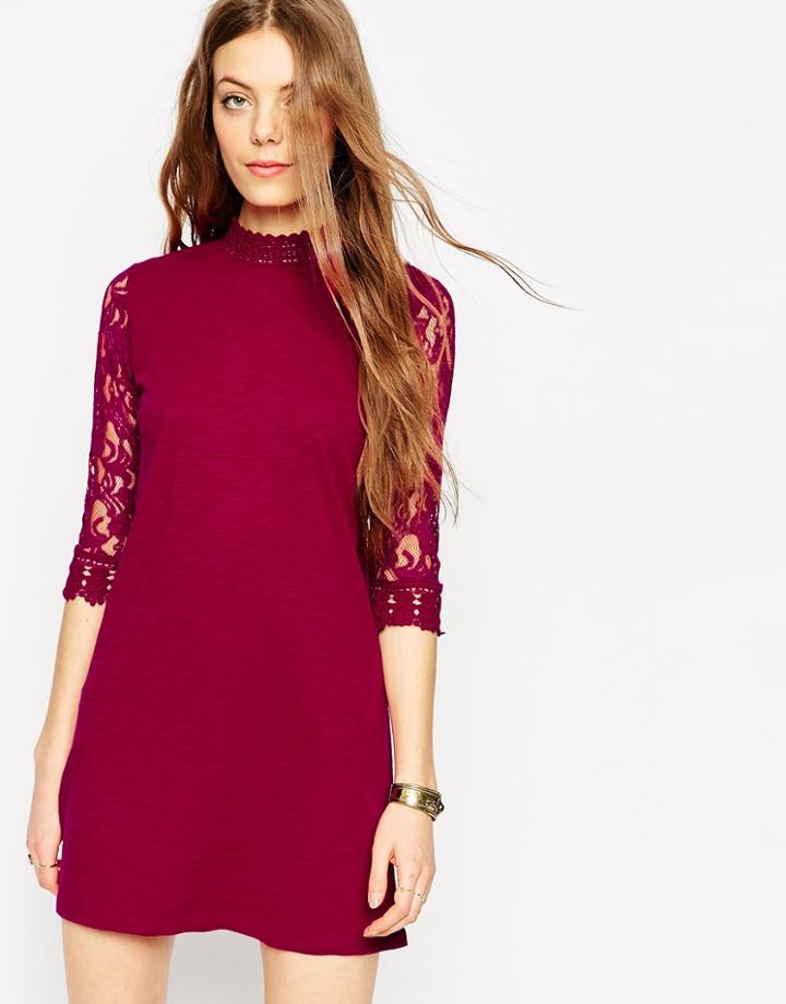 Asos Shift Dress With Victoriana High Neck In Lace - Dark Green