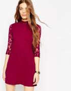 Asos Shift Dress With Victoriana High Neck In Lace - Dark Green