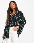Asos Design Long Sleeve Soft Oversized Shirt In White & Green Smudge Print-multi