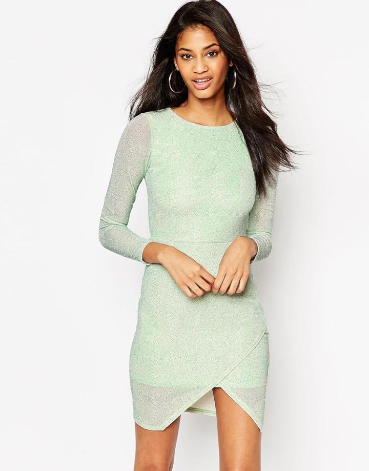 Asos Glitter Body-conscious Asymmetric Hem Dress - Mint