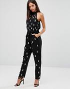 Maya High Neck Embellished Jumpsuit - Black