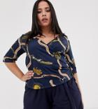 Pink Clove Wrap Top In Vintage Luxe Chain Print-navy