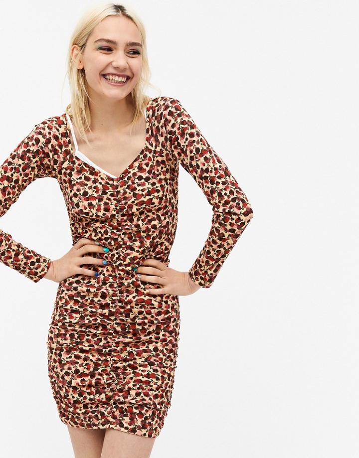 Monki Tua Ruched Long Sleeve Mini Dress In Rose Print-multi