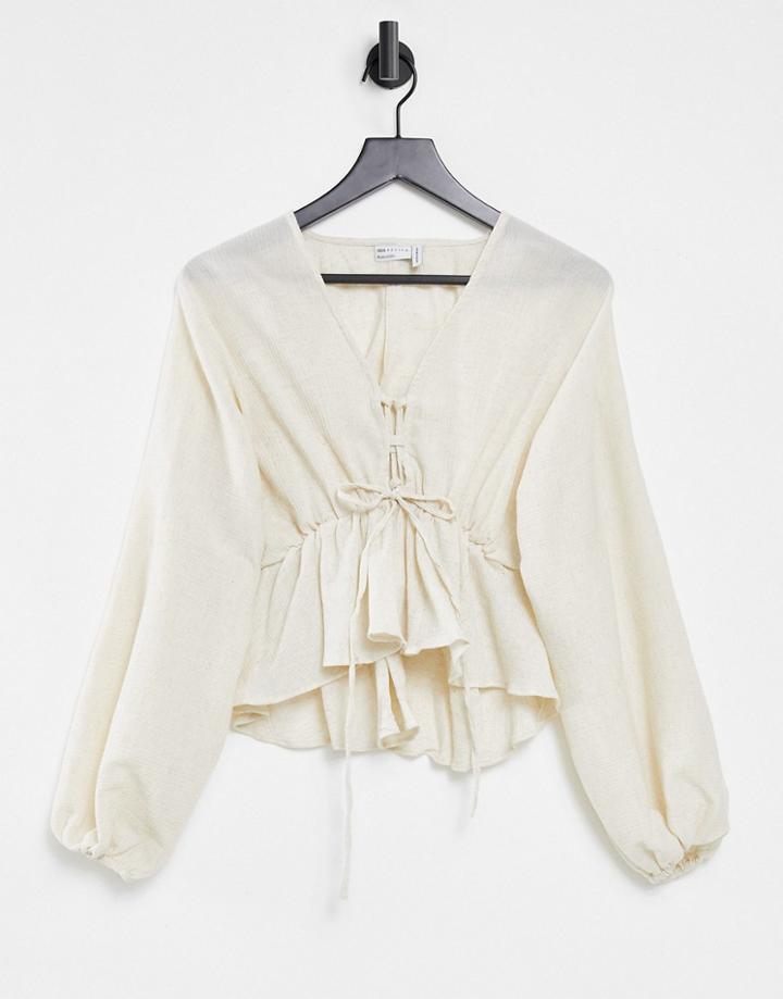 Asos Design Natural Crinkle Lace Up Front Top In Oatmeal-neutral