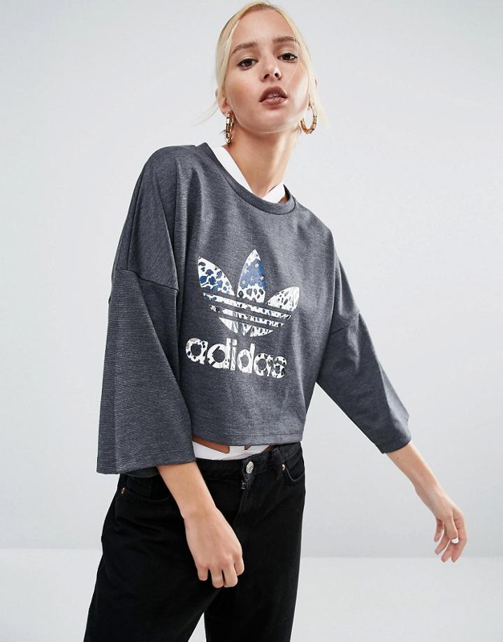 Adidas Originals Cropped T-shirt With Multi Floral Trefoil Logo - Gray