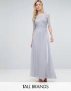 Little Mistress Tall All Over Lace Top Maxi Dress With 3/4 Sleeves - Gray
