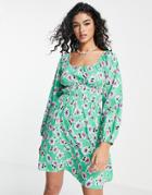 New Look Sweetheart Neck Ruched Mini Dress In Green Pattern