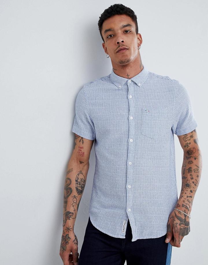 Original Penguin Textured Stripe Short Sleeve Shirt Buttondown Slim Fit Embroidered Logo In Blue - Blue