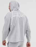 Asos Design Two-piece Oversized Cropped Hoodie With Raw Edge & Back Print With Dark Future Logo - Gray