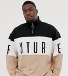 Asos Design Plus Oversized Funnel Neck Sweatshirt With Cut & Sew Print With Dark Future Logo - Beige