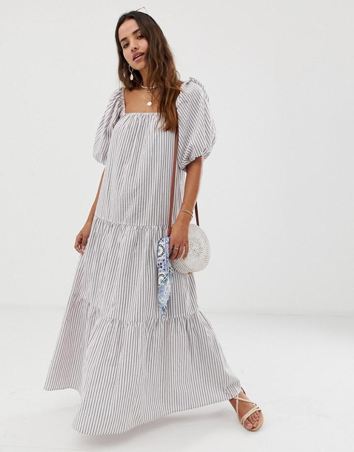 Asos Design Tiered Maxi Dress In Stripe With Puff Sleeve-multi