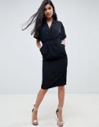 Asos Deisgn Collar Wrap Midi Dress With Pockets - Black