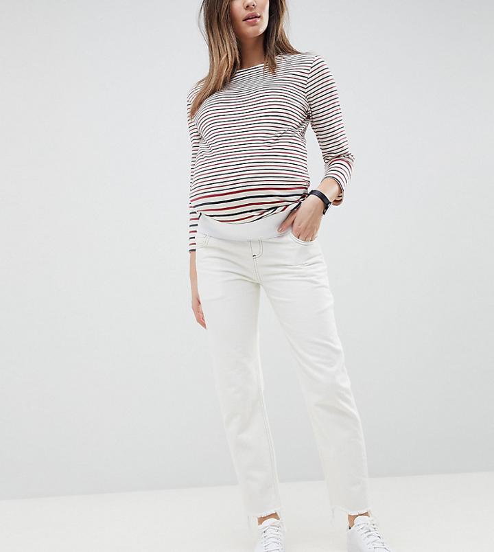 Asos Design Maternity Florence Authentic Straight Leg Jeans In White With Contrast Stitch With Under The Bump Waistband - White