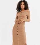 Asos Design Tall Off Shoulder Midi Dress With Button Detail