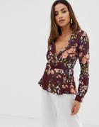 Love Long Sleeve Wrap Floral Wrap Top - Red