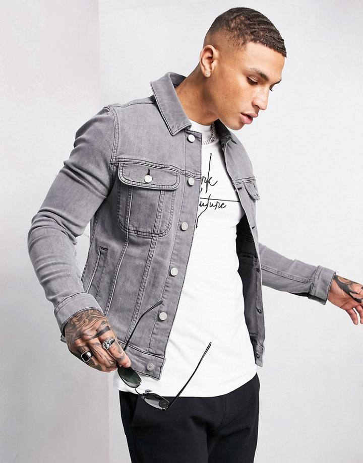 Asos Dark Future Skinny Denim Jacket With Embroidery In Gray-grey
