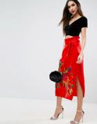Asos Embroidered Midi Skirt In Satin With Paperbag Tie Waist - Black