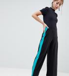 Asos Design Petite Wide Leg Pants With Contrast Side Stripe - Black